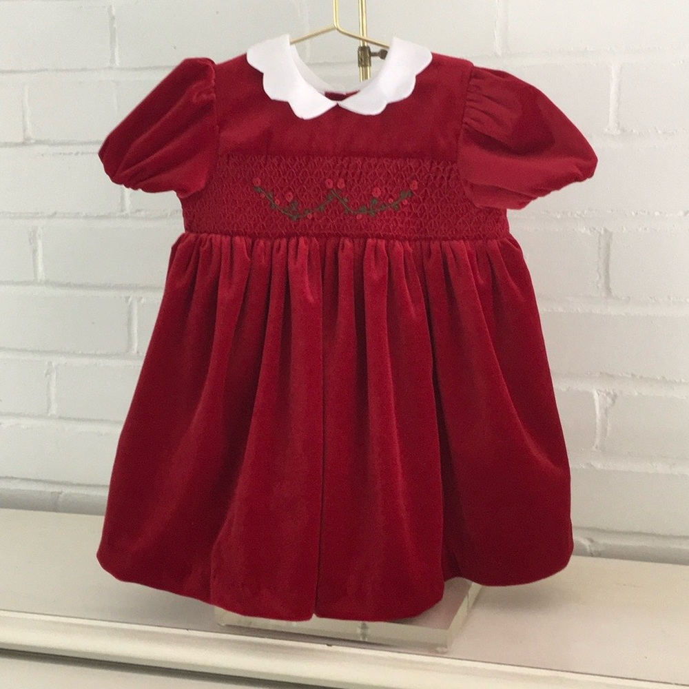 Classic Vintage Toddler Girl Red Velvet Dress With Scalloped White Collar 18 M